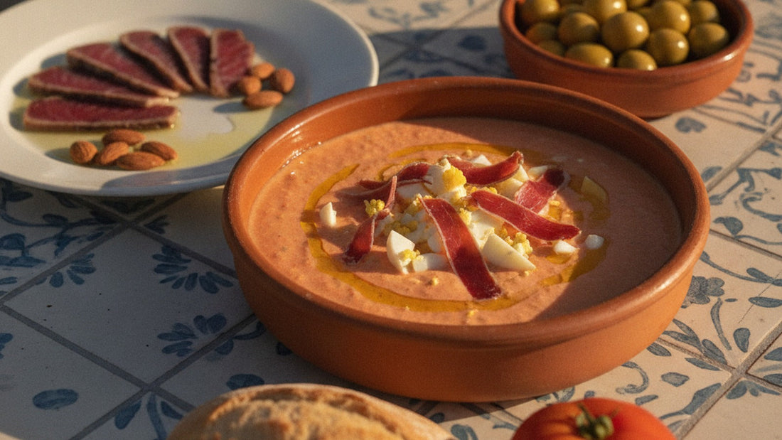 A terracotta bowl of salmorejo topped with chopped egg, ribbons of cured ham and green olive oil, beside large green olives and thin slices of cured tuna with almonds on a tiled table