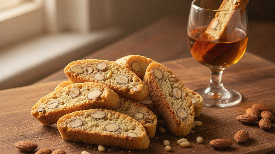 Golden almond biscotti sliced on the diagonal, showing whole unpeeled almonds in a pale crumb, on a worn wooden board beside a small glass of amber vin santo