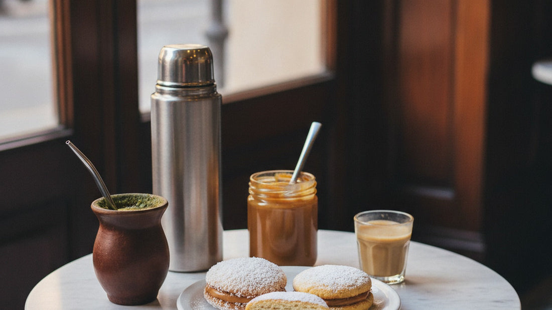 A café table in Buenos Aires with a plate of alfajores dusted in coconut and powdered sugar, one cut to show the dulce de leche filling, a mate gourd with a silver straw, a jar of dulce de leche and a small coffee