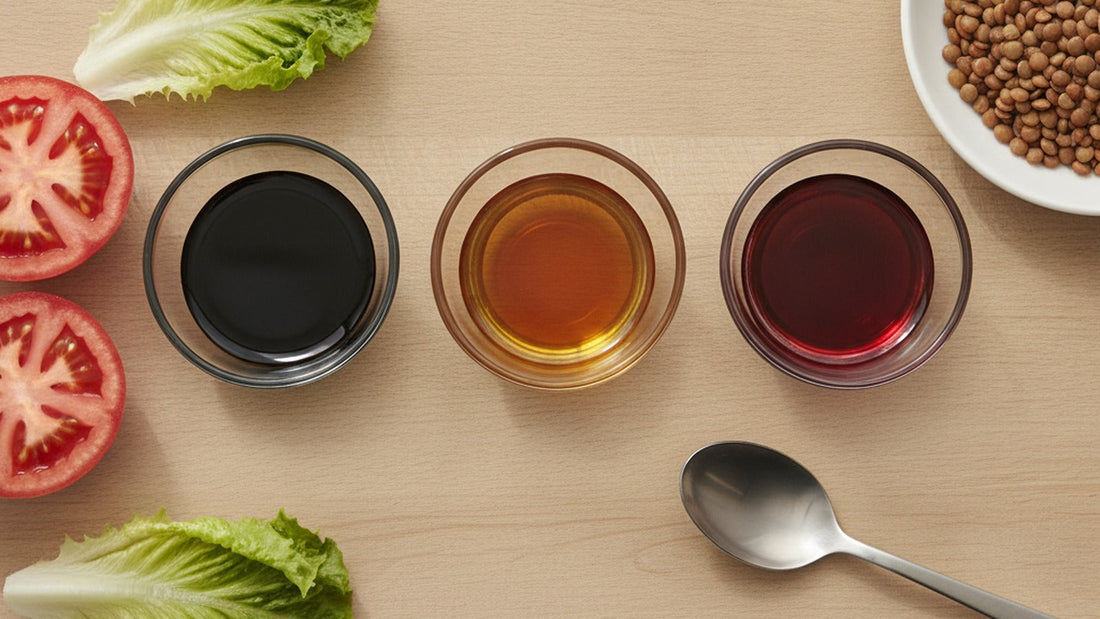Three small glass bowls of vinegar side by side on a wooden board, one dark and syrupy, one amber, one clear ruby, with a halved tomato, a lemon wedge and a spoon