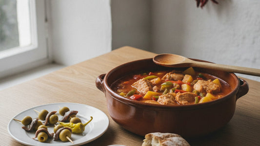 A clay pot of marmitako with chunks of white tuna, potato and a brick-red pepper broth, beside a plate of gildas on skewers and a string of dried red peppers on a scrubbed wooden table