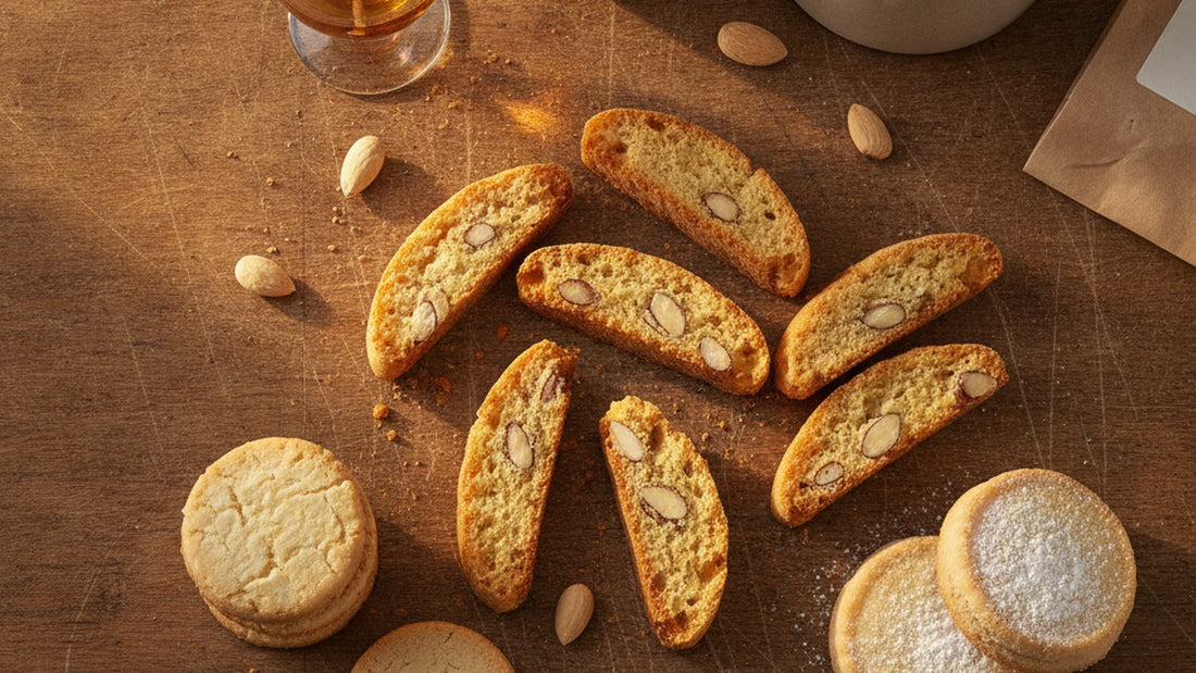 Twice-baked almond biscotti scattered on a worn wood table beside a stack of pale butter cookies and rounds of shortbread, one biscotto broken to show whole almonds, with a small glass of amber dessert wine and an espresso