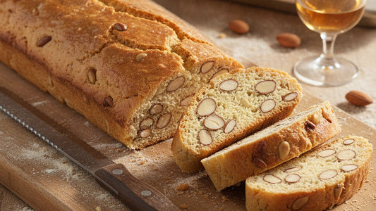 A golden baked log of almond biscotti on a wooden board, half of it cut on the diagonal into slices that show whole almonds and pine nuts, a serrated knife beside it