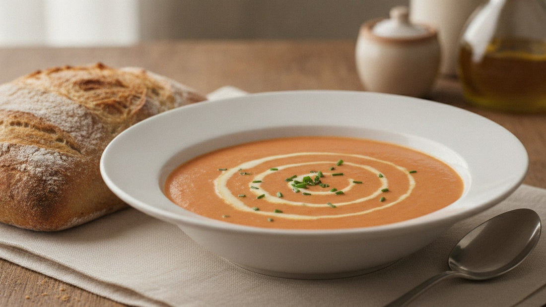 Bowl of creamy shellfish bisque with a cream swirl and chives
