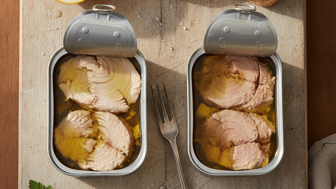 Two opened shallow tins of tuna in golden olive oil on a weathered wooden board, one with pale ivory albacore loins and one with rosier light tuna, beside a lemon half and crusty bread