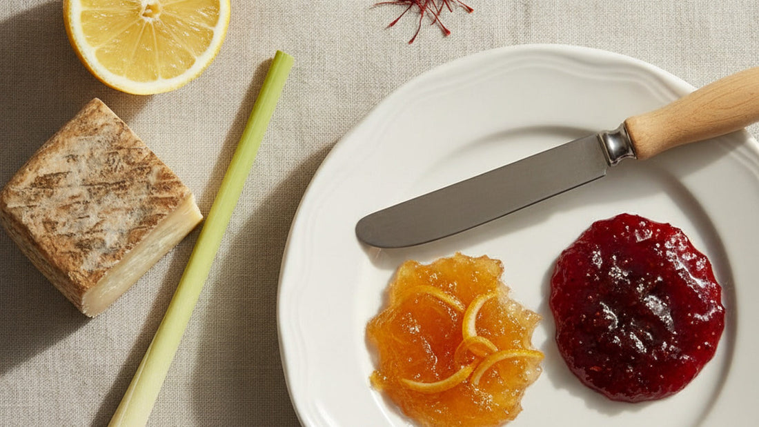 Spoonfuls of golden lemon saffron marmalade and deep red strawberry jam on a white plate beside a wedge of aged cheese, a split lemon and a few saffron threads