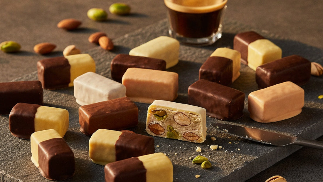 Small squares of soft almond nougat coated in dark, milk and white chocolate on a dark lava-stone board, one piece cut open to show pale nougat studded with almonds and green pistachio