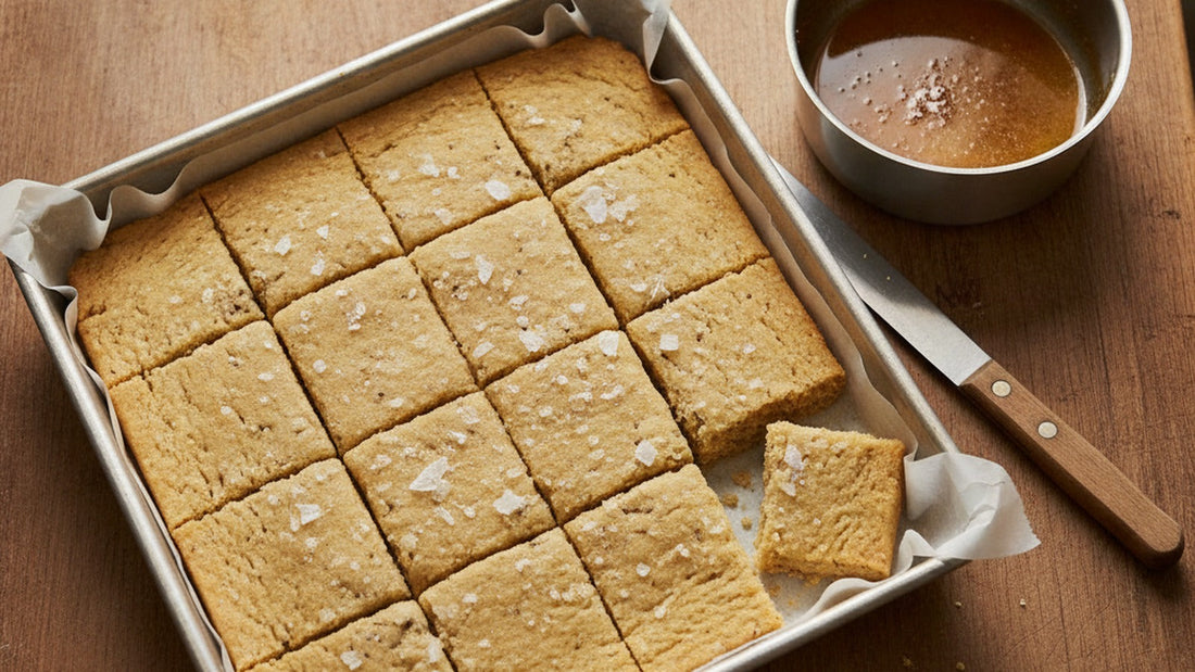 A parchment-lined square pan of tan shortbread cut into fingers, flecked with brown butter specks and a few salt flakes, beside a small pale saucepan of browned butter