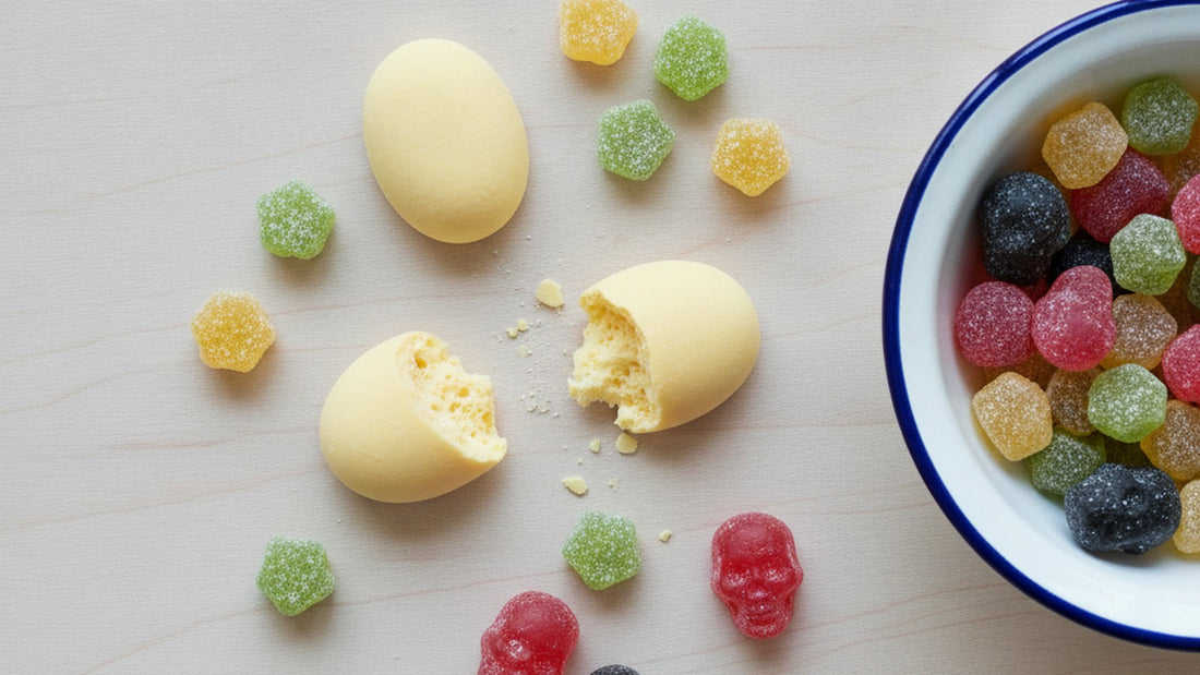 A loose scatter of Swedish gummy candy on pale birch wood: pale yellow ovals, sugar-dusted sour diamonds in green and yellow, and red and black skull-shaped gummies