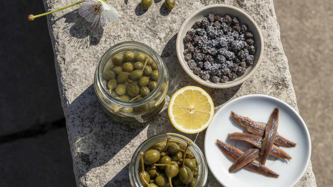 A caper bush branch with a white flower and purple stamens, a dish of tiny salt-cured capers, a jar of brined capers, a jar of caperberries on their stems and a lemon half on a sun-bleached stone wall