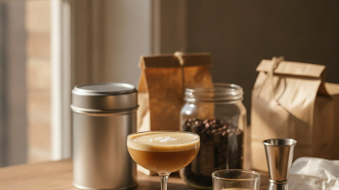 A shaken carajillo in a small coupe, pale tan foam on top, a few flakes of sea salt scattered on the surface, on a dark wood bar