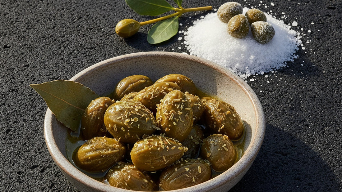 A small shallow bowl of plump olive-green capers glossy with olive oil, flecked with dried oregano and a bay leaf, on dark volcanic stone beside a scatter of coarse sea salt