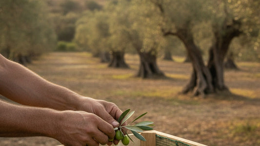 Hands picking green olives from a silver-leaved olive branch into a shallow net-sided crate, with rows of olive trees in soft autumn light behind