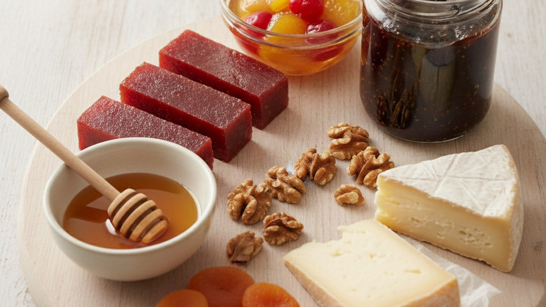 A wooden board with a dish of honey and a honey dipper, slices of deep red quince paste, a small bowl of glossy candied fruit in syrup, an open jar of fig jam, walnuts, and wedges of aged and soft cheese