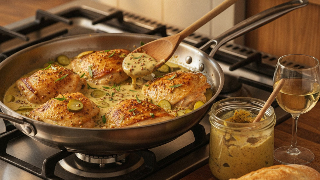A steel skillet of browned chicken thighs in a pale yellow mustard cream sauce flecked with whole mustard seeds, sliced cornichons and tarragon scattered over, a torn baguette beside the pan