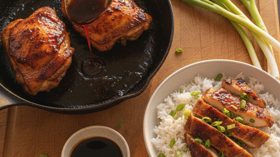 Sliced chicken thighs with crisp skin and a dark, glossy soy glaze fanned over white rice, scattered with thin green scallion rings
