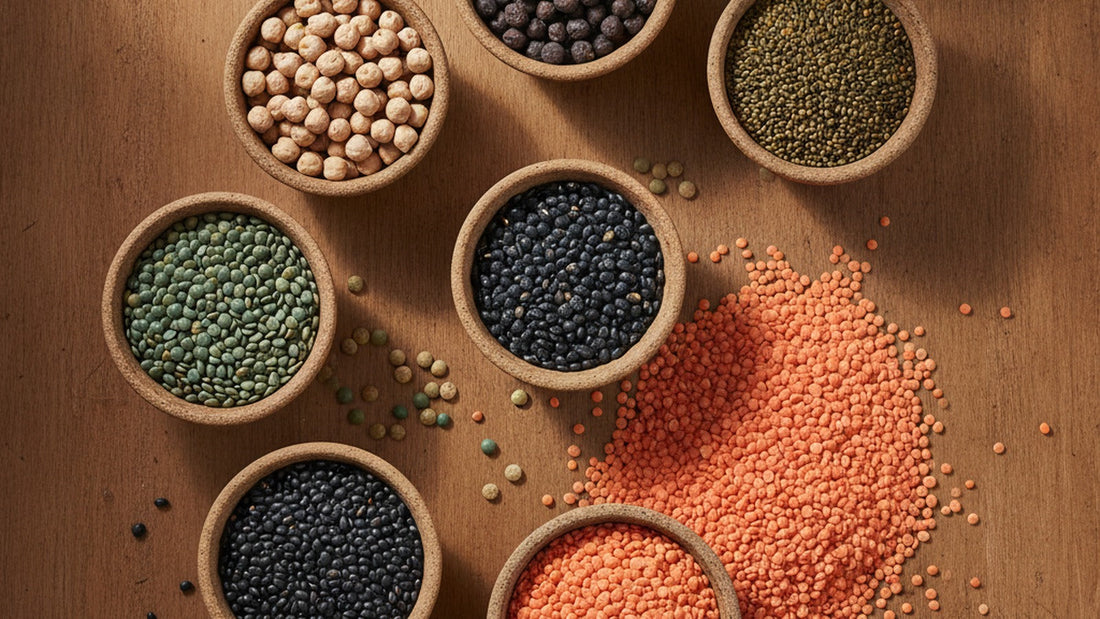 Dried chickpeas and five colors of lentils in small ceramic bowls on a wooden table, one bowl tipped to spill red split lentils across the wood