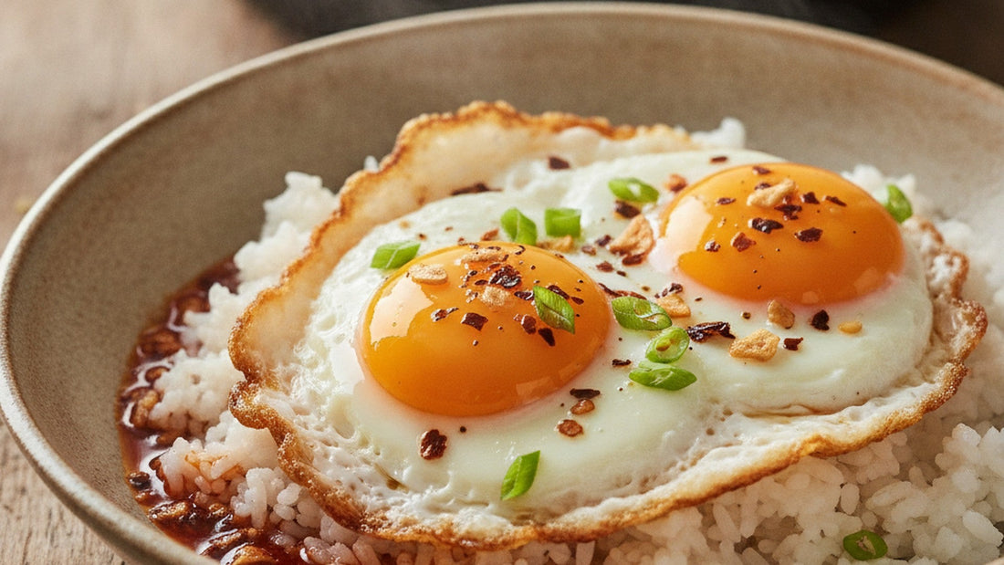 Two fried eggs with brown, lacy edges and runny yolks on a bowl of white rice, scattered with red chili crisp, crunchy garlic and sliced scallions