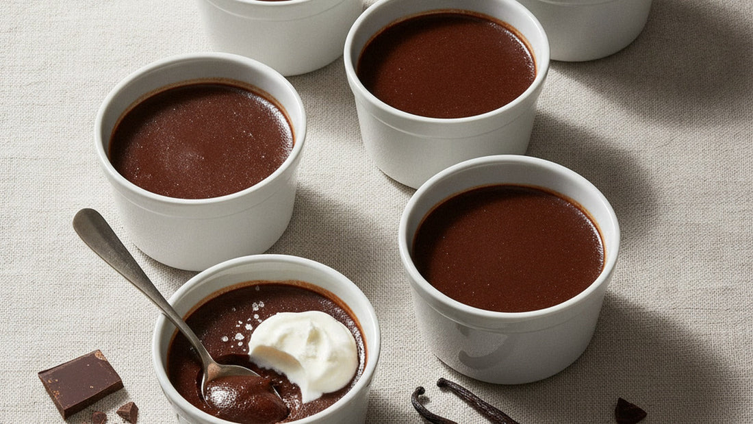 Six small ramekins of dark chocolate custard, one with a spoon lifted out showing the dense glossy interior, a spoonful of whipped cream and a few flakes of salt on top