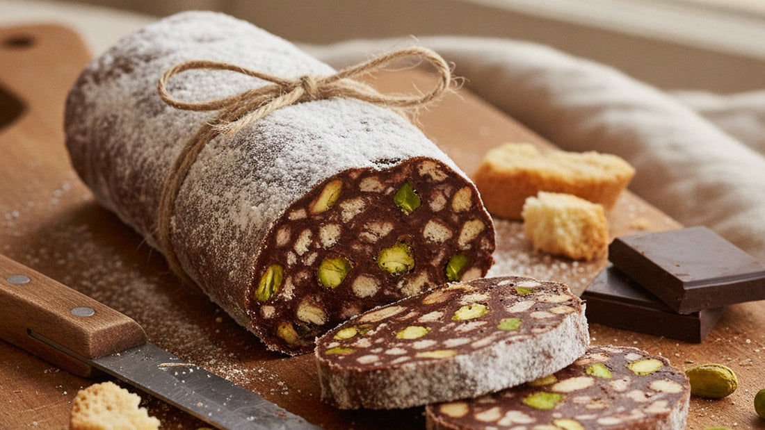 A chocolate salami log dusted white with powdered sugar and tied with twine, partly cut into slices that show a mosaic of biscotti pieces and pistachios, on a wood board with a knife
