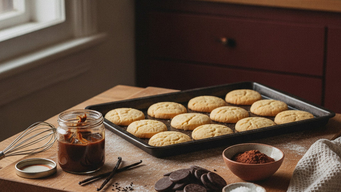 A floured wooden work surface with a tray of round butter cookies, a small open jar of vanilla paste, two dark vanilla beans, a bowl of cocoa powder, a pile of dark chocolate discs and a small dish of flaky salt