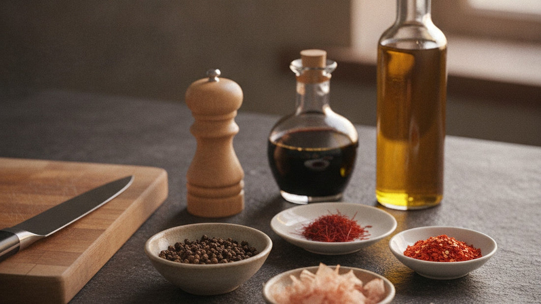 A dark stone kitchen counter with a small bowl of black peppercorns, a pinch of saffron threads, a small dish of red pepper flakes, a short bottle of dark balsamic vinegar, a bottle of golden oil, a bowl of shaved bonito flakes and a wooden pepper mill