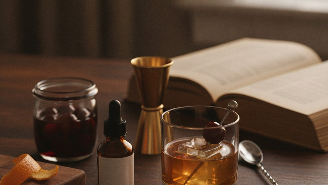 A home bar counter at night with a stirred amber cocktail in a short glass, a dark red cherry on a pick, a small unlabeled dropper bottle, a jar of cherries and a copper jigger beside an open old book