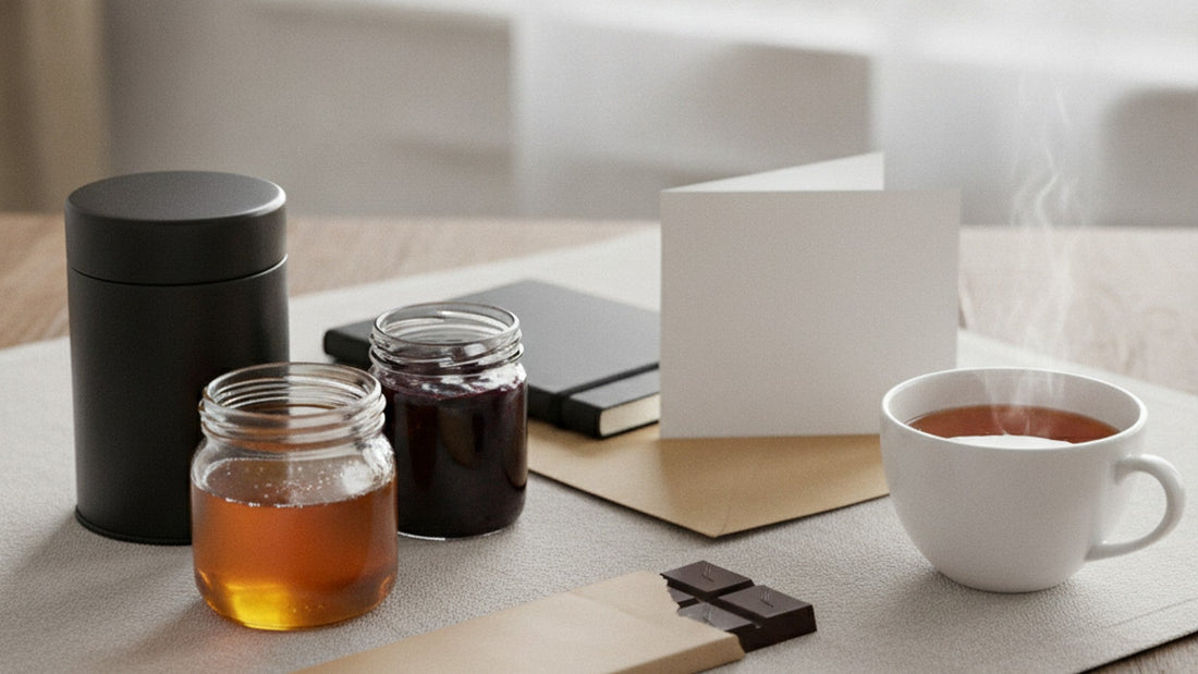 A black tea canister, a jar of golden honey, a chocolate bar in plain paper, a small jar of blueberry preserve, a black hardcover notebook and a folded card with a kraft envelope on a linen cloth, beside a cup of tea