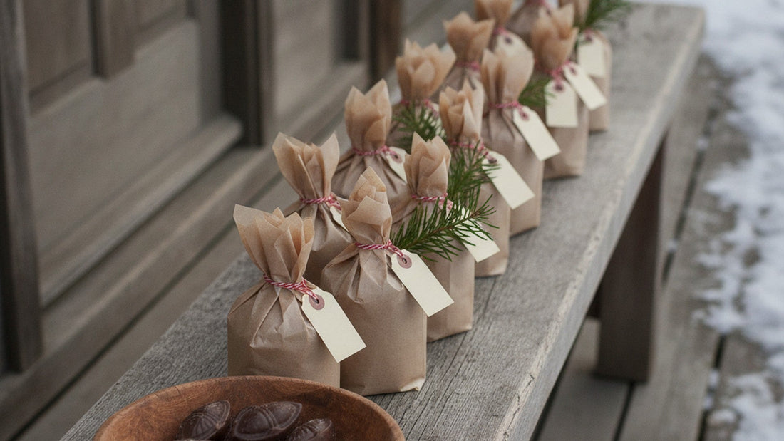 A row of small paper-wrapped bundles tied with red string on a wooden bench, each with a sprig of pine, a few wrapped chocolates and a small blank tag