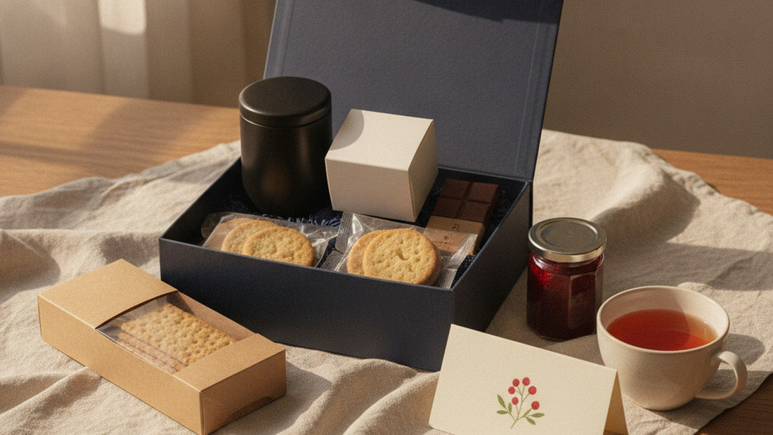 An open navy gift box holding a black tea canister, a small white box, two packets of round shortbread and a chocolate bar, with a kraft box of crackers, a jar of red preserve, a folded card with a berry sprig and a cup of red tea on a linen cloth
