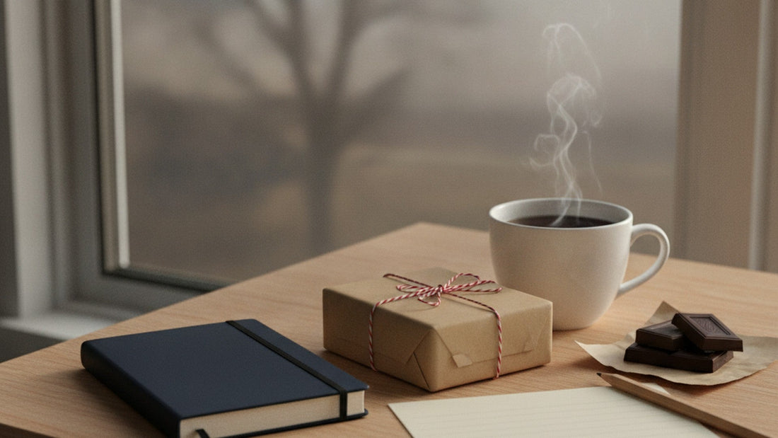 A small wrapped parcel tied with string on a wooden desk beside a cup of black tea, a closed hardcover notebook and a folded handwritten card, in winter afternoon light