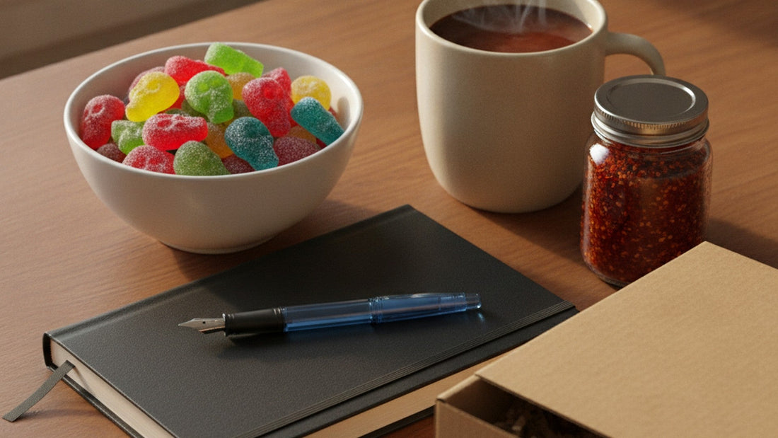 A black hardcover sketchbook with a ribbon marker and a blue fountain pen, a bowl of sugared gummy skulls, a mug of hot chocolate, a jar of red chili and a kraft gift box on a wooden desk