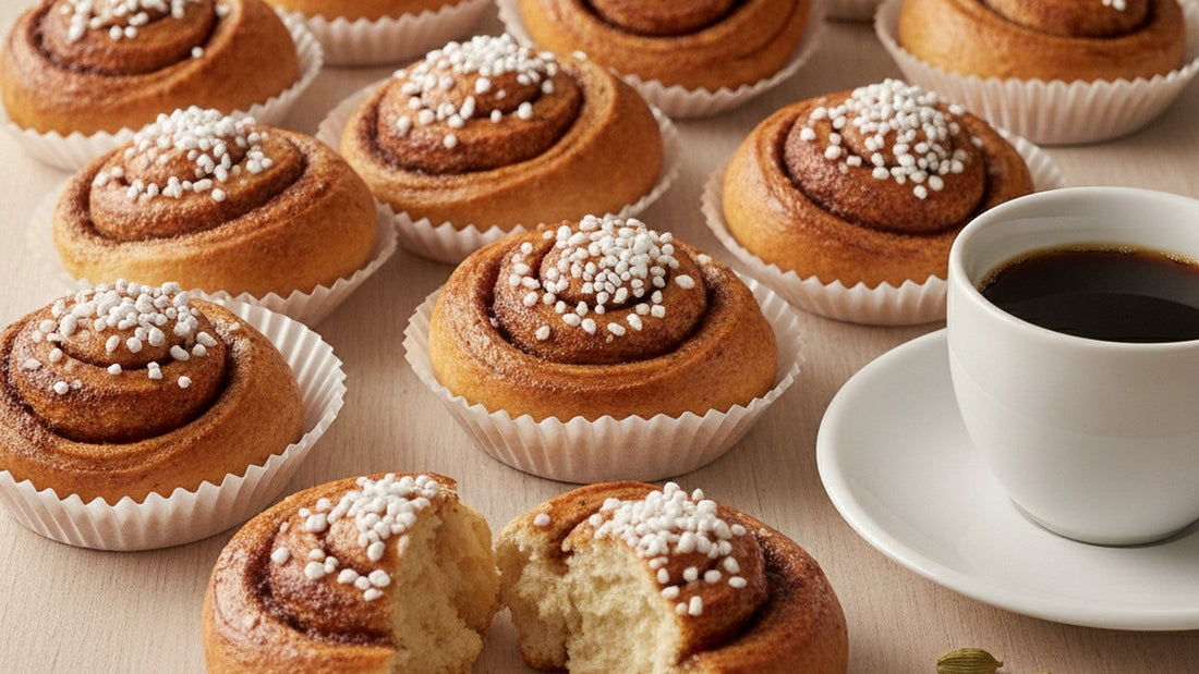 A tray of freshly baked Swedish cinnamon buns, spiraled and deep golden, topped with white pearl sugar, one pulled apart to show cinnamon swirls, beside a cup of black coffee