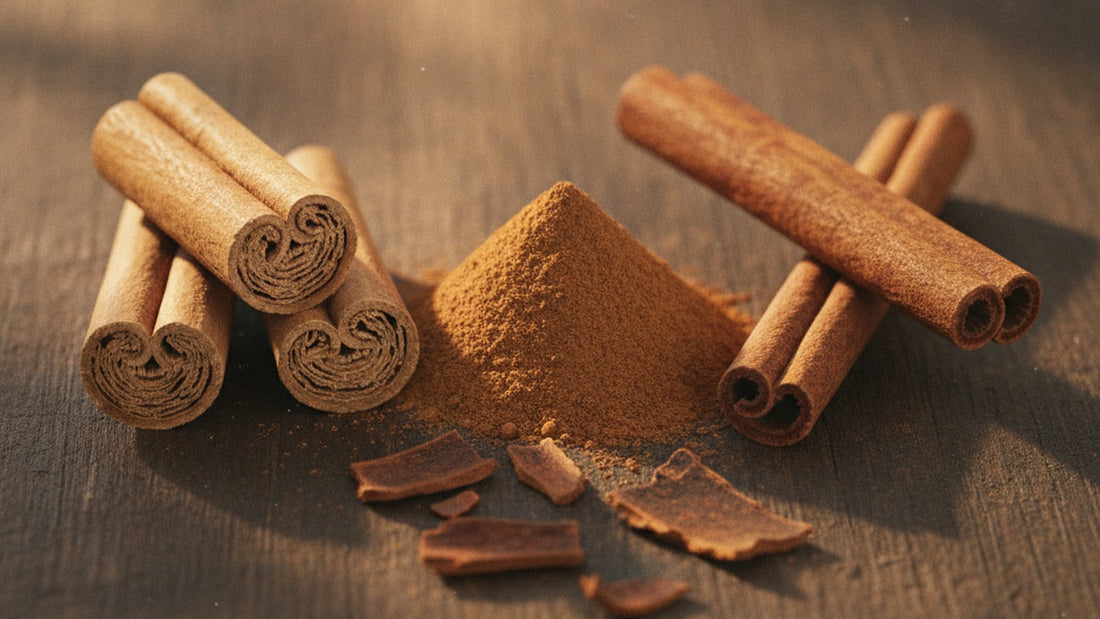 Two kinds of cinnamon sticks in cross section on a dark wood board, one made of many thin rolled layers and one a single thick curl, beside a small pile of ground cinnamon
