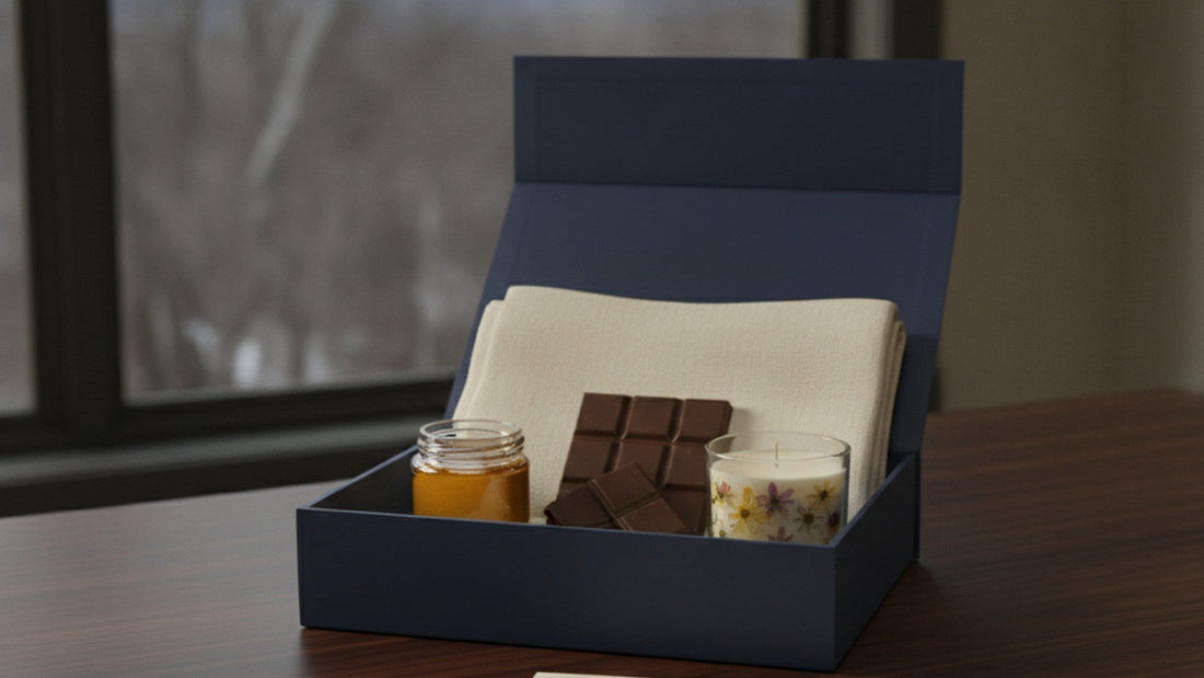 A navy gift box on a walnut desk holding a jar of golden honey, a dark chocolate bar, a small glass candle with pressed flowers and a folded tea towel, with a blank card and a fountain pen beside it