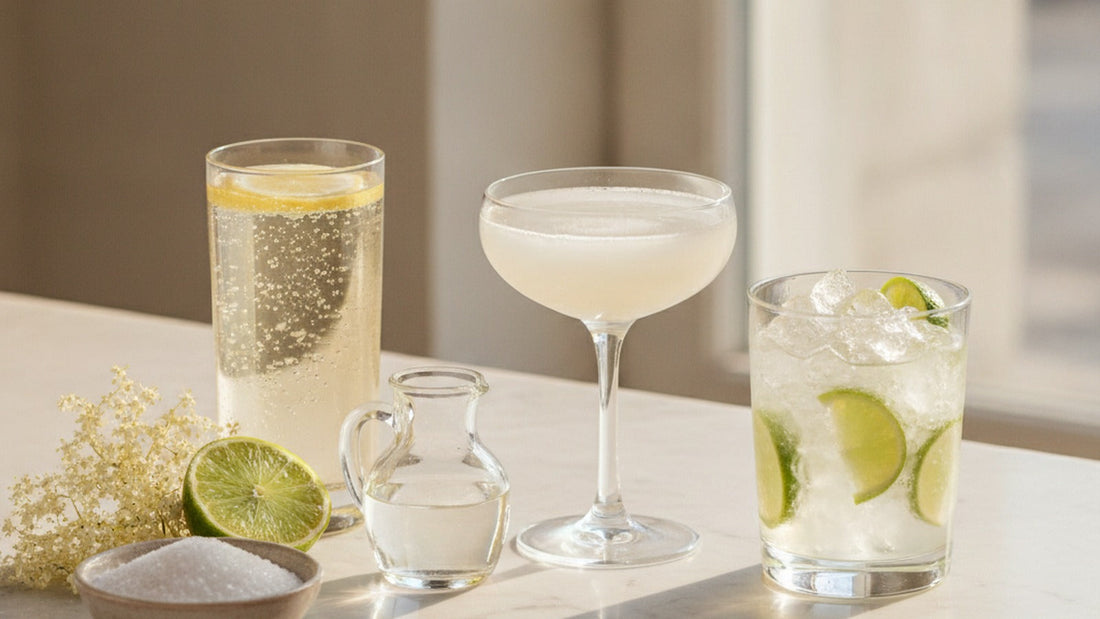 Three drinks on a pale marble bar, a pale gold spritz with a lemon wheel, a cloudy almond-white coupe and a tall glass of crushed ice and lime, beside a carafe of clear syrup, sugar, limes and fresh elderflower