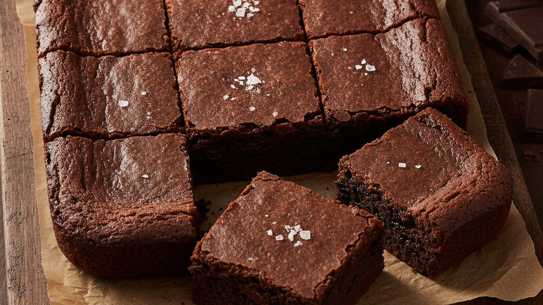 Squares of dark, fudgy cocoa brownies with a shiny crackled top and pockets of melted chocolate, one square cut open, flakes of sea salt on top