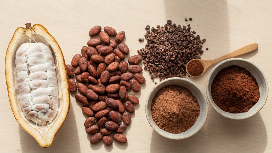 A split cacao pod with pale pulp-covered beans, a handful of dried fermented beans, a heap of dark cocoa nibs, and two small bowls of cocoa powder, one pale reddish-brown and one dark, laid in a line on a wooden board