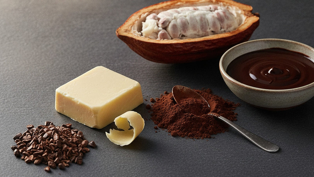 A mound of dark cocoa powder, a block of pale cocoa butter, cracked cacao nibs and a bowl of melted dark chocolate on a slate kitchen counter