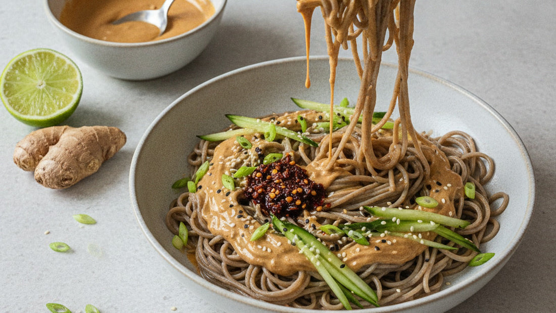 A shallow bowl of cold buckwheat soba coated in a glossy tan peanut sauce, topped with cucumber matchsticks, sliced scallion, sesame seeds and a spoon of red chili crisp