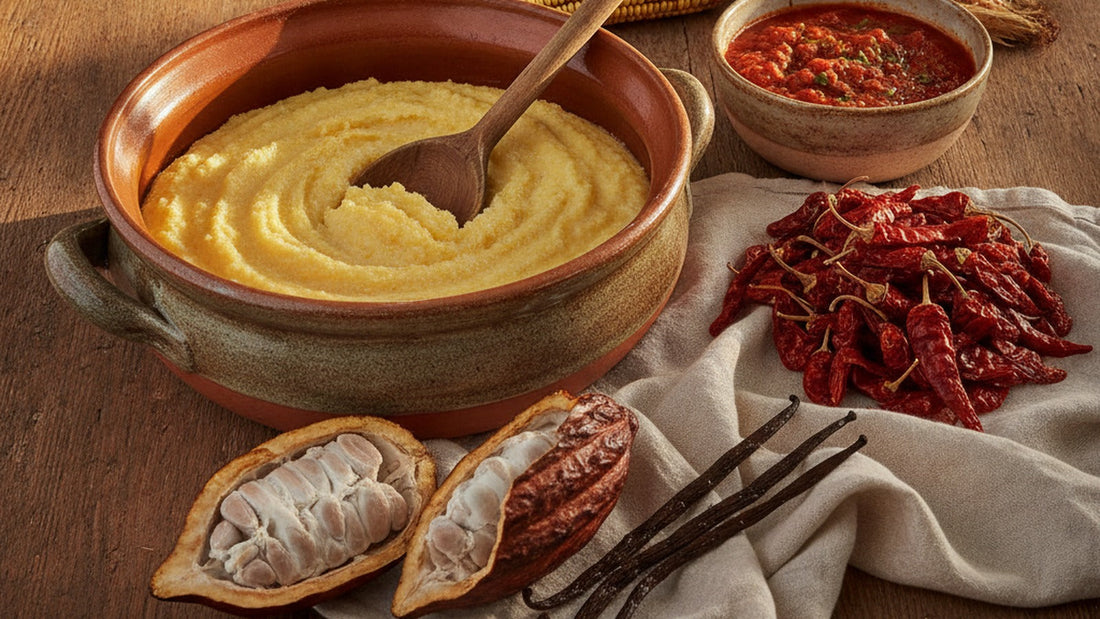 A rustic wooden table with a pot of soft yellow polenta, a bowl of simmered tomato sauce, a pile of dried red chiles, a split cacao pod and a few dark cured vanilla pods