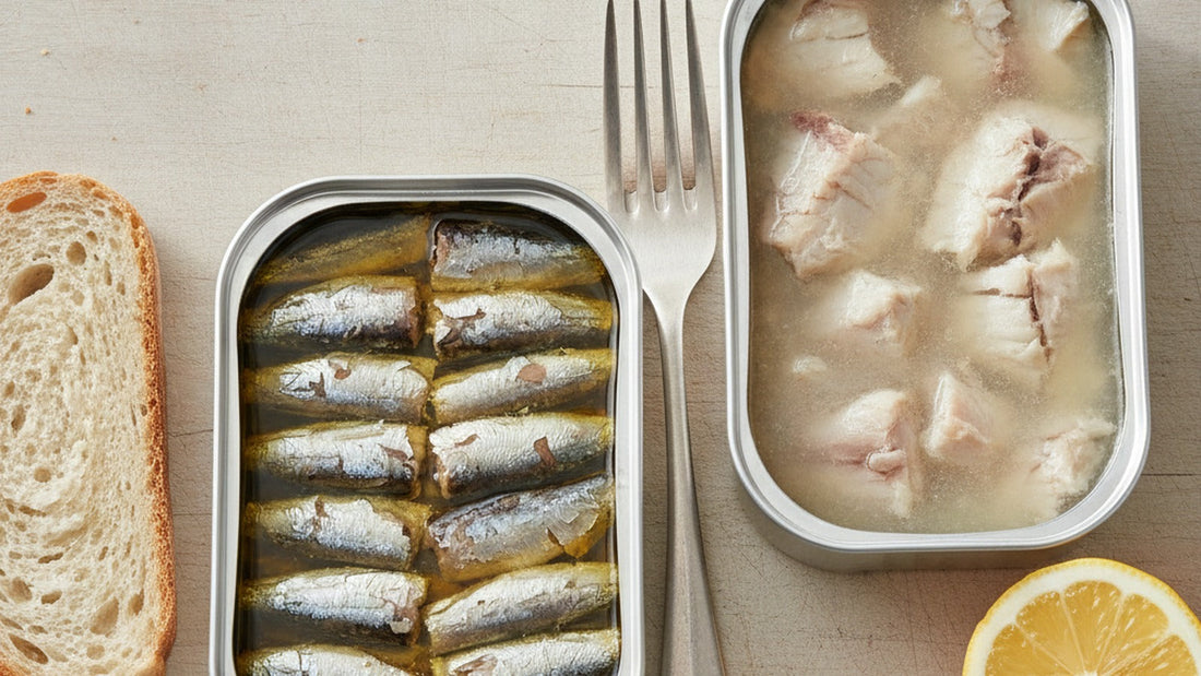 Two opened tins side by side on a wooden board, one with whole sardines laid in neat rows in clear golden oil, the other with fragmented fish in cloudy liquid, a fork resting between them