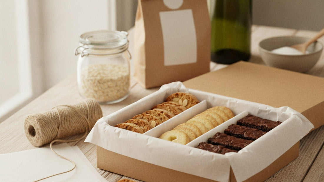 A kraft gift box lined with white paper and divided into rows of almond biscotti, round butter cookies and brownie bars, beside a roll of twine, a jar of oats, a kraft bag, a green bottle and a bowl of sugar on a wooden table