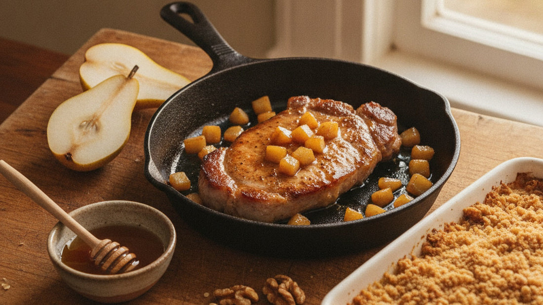 A seared pork chop glazed with chopped pear and syrup in a cast-iron pan, beside a halved raw pear, a small bowl of honey and a scatter of toasted walnuts on a wooden board