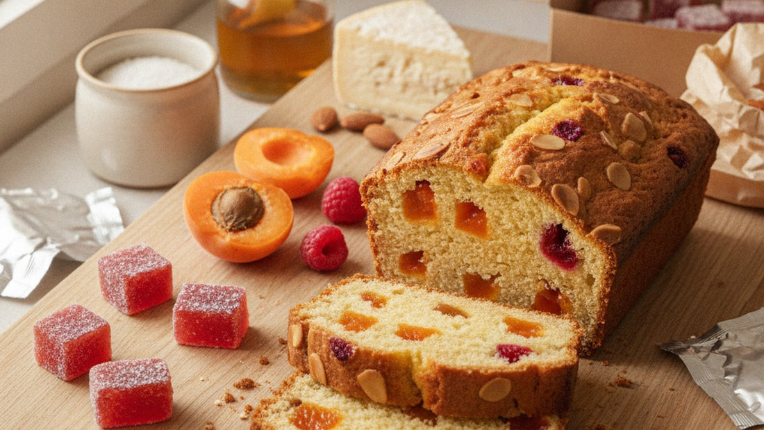 Slices of almond loaf cake showing diced orange and red fruit jelly in the crumb, beside sugared fruit jelly cubes, a halved apricot and a wedge of aged sheep's cheese