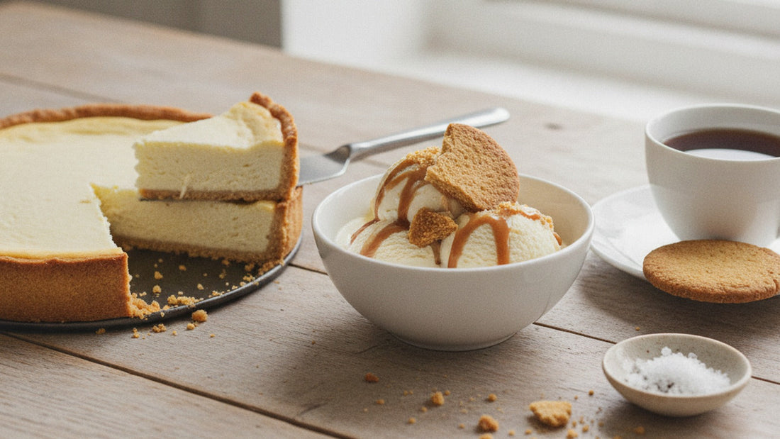 A slice of cheesecake on a sandy golden shortbread-crumb base beside a bowl of vanilla ice cream topped with broken shortbread and salted caramel, and a cup of black tea