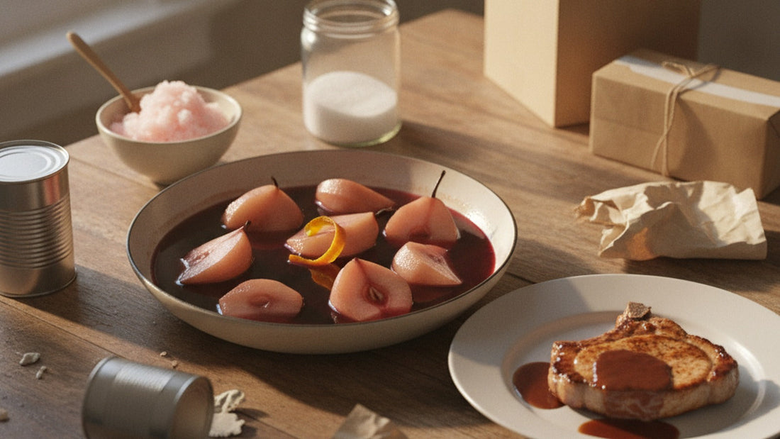 Halved pears poached in a deep ruby liquid in a wide pan, beside a spooned-over pork chop glossy with reduced pan sauce and a bowl of pale pink granita