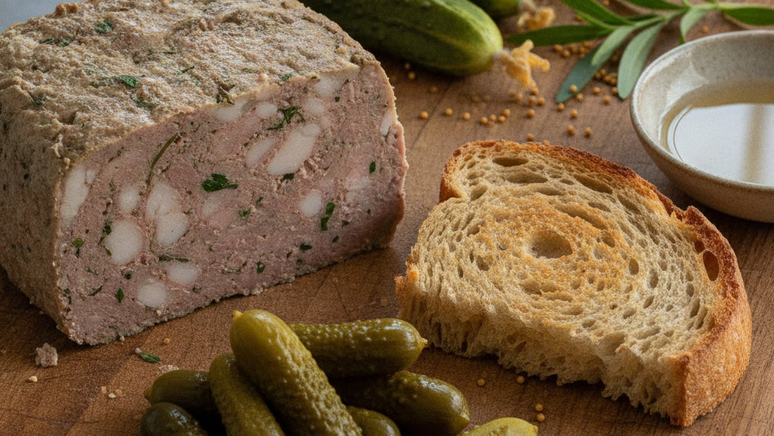 A slice of coarse country pâté on a wooden board beside a small heap of glossy whole cornichons, a halved cornichon, fresh small cucumbers with their yellow blossoms, mustard seeds and a sprig of tarragon
