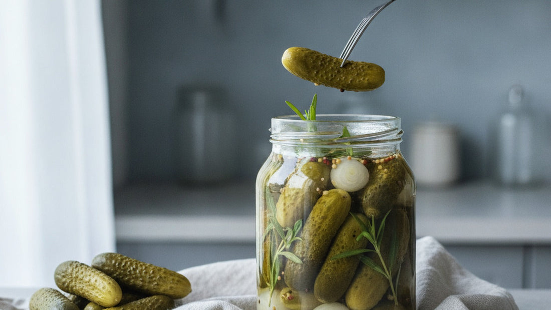 An open glass jar of small cornichons packed with tarragon sprigs and pearl onions, a fork lifting one pickle, mustard seeds and peppercorns visible in the pale brine