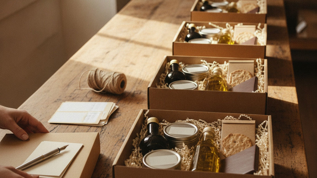 A row of open kraft gift boxes on a long table, each packed with a jar of aged balsamic, a tin of licorice, a bottle of maple syrup, a box of crackers and a chocolate bar, with handwritten cards and a stack of shipping labels